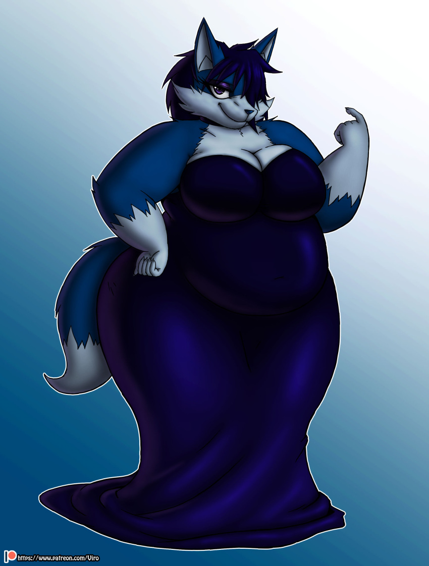 2019 absurd_res anthro aura_(shapeshifter8) beckoning belly big_breasts blue_body blue_fur blue_hair breasts canid canine clothed clothing digital_media_(artwork) dress eyeshadow female fox fur gesture hair hi_res makeup mammal multicolored_body multicolored_fur obese obese_anthro obese_female one_eye_obstructed overweight overweight_anthro overweight_female purple_eyes solo text thick_thighs two_tone_body two_tone_fur url viroveteruscy