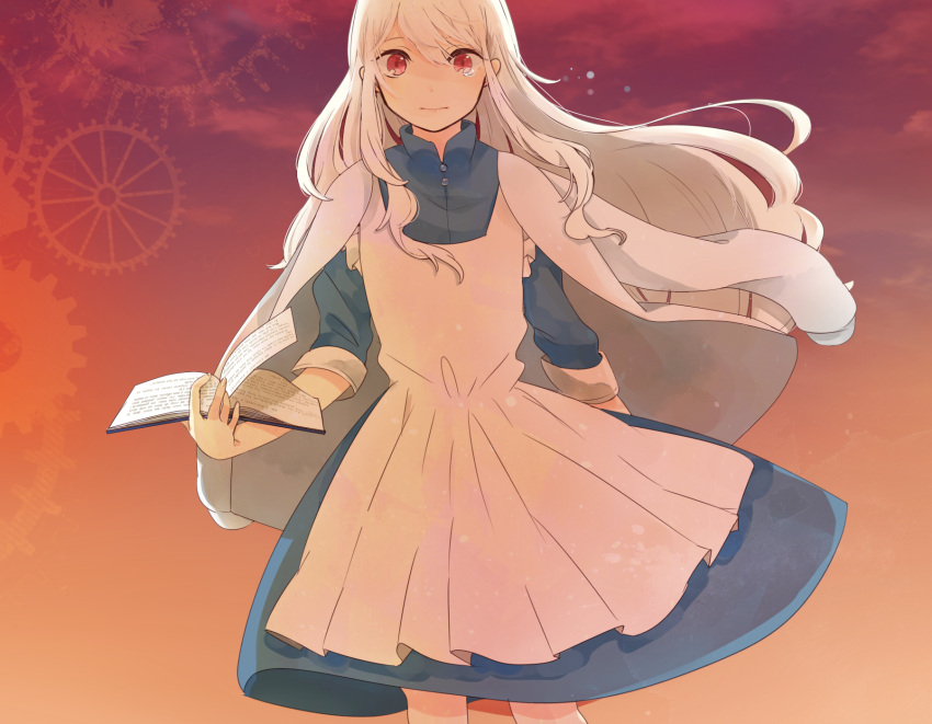 1girl arm_behind_back blue_dress book buttons closed_mouth cloud collared_dress commentary_request dress dusk false_smile feet_out_of_frame floating_hair flying_teardrops gears gradient_sky highres holding holding_book jacket jacket_on_shoulders kagerou_project kozakura_marry long_hair looking_at_viewer mandarin_collar multicolored_sky open_book orange_sky outdoors purple_sky red_eyes red_hair sky sleeves_past_elbows smile solo tearing_up tears toki_(fujikitoki) wavy_hair white_hair white_jacket wind