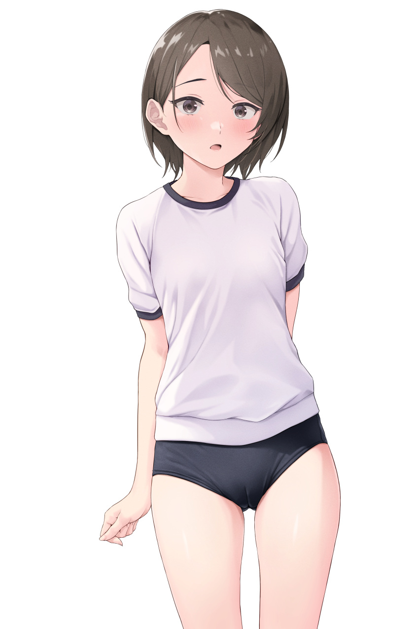 1girl :o absurdres arm_behind_back black_buruma black_hair blush breasts buruma cameltoe cowboy_shot gym_shirt highres looking_at_viewer migita_(hirayuaki) original shirt short_hair simple_background small_breasts solo white_background