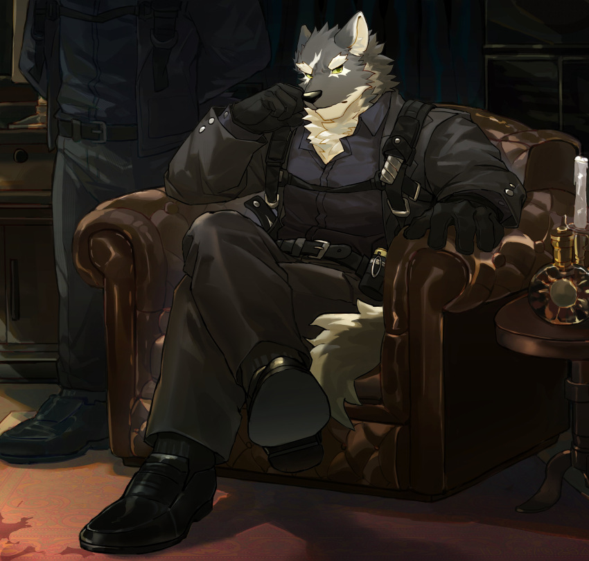 4_fingers absurd_res anthro belt biped black_nose bottomwear canid canine canis chair chest_tuft clothing countershade_face countershading fingers footwear furniture gloves handwear hi_res kitai_su male mammal pants plantigrade shoes sitting solo topwear tuft wolf