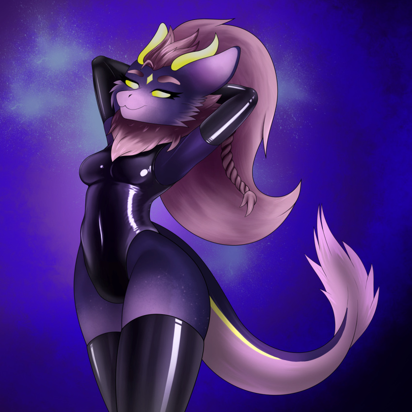 1:1 anthro breasts clothed clothing digital_media_(artwork) dragon dutchsyndicalist female hair hi_res horn leotard looking_at_viewer non-mammal_breasts rubber simple_background smile solo wings