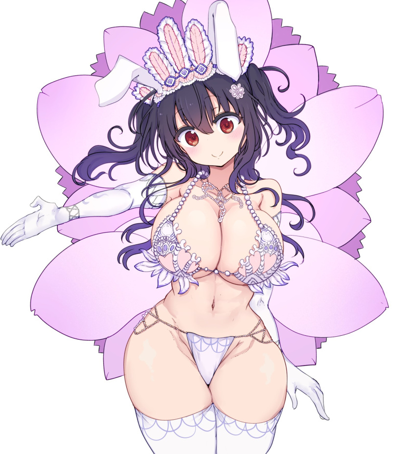 1girl animal_ears bare_shoulders beads black_hair breasts closed_mouth commentary cool-kyou_shinja cowboy_shot elbow_gloves fake_animal_ears floating_hair flower gloves gradient_hair groin hair_flower hair_ornament highres komori-san_wa_kotowarenai! komori_shuri long_hair looking_at_viewer multicolored_hair navel purple_hair rabbit_ears red_eyes samba smile solo thick_thighs thighhighs thighs underboob white_gloves wide_hips