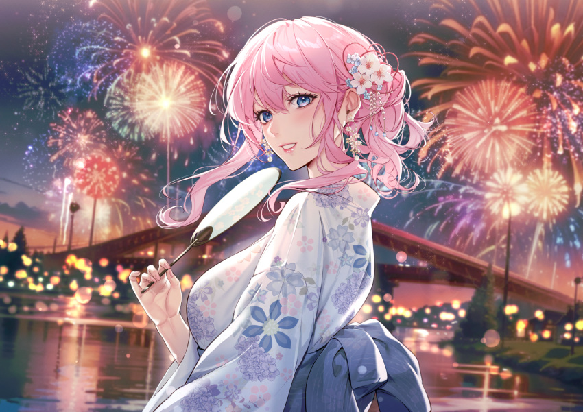 1girl aerial_fireworks blue_eyes blush bridge cain_art811 commentary_request earrings fireworks floral_print flower flower_earrings hair_flower hair_ornament hand_fan highres japanese_clothes jewelry kimono lens_flare long_hair looking_to_the_side nail_polish night obi original outdoors parted_lips pink_hair river sash smile solo upper_body water