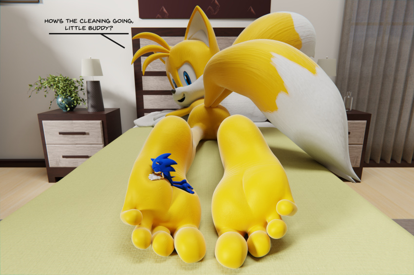 3d_(artwork) 5_toes anthro barefoot canid canine dialogue digital_media_(artwork) duo eulipotyphlan feet feetymcfoot foot_fetish foot_focus foot_lick foot_play fox hedgehog hi_res humanoid_feet licking male male/male mammal micro miles_prower plantigrade sega size_difference soles sonic_the_hedgehog sonic_the_hedgehog_(series) toes tongue tongue_out