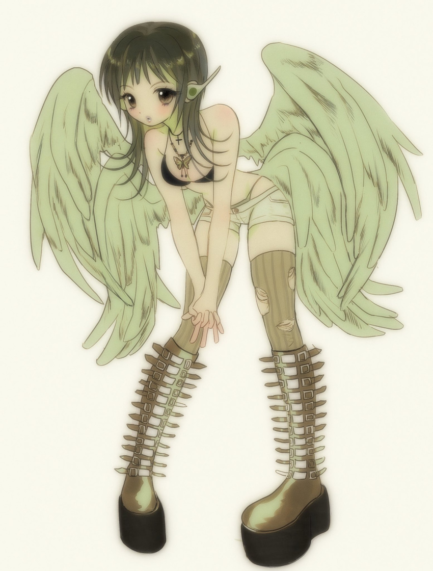 1girl black_hair blush boots brown_background brown_eyes brown_footwear brown_thighhighs butterfly_necklace commentary cross cross_necklace goyang_v green_lips green_panties green_wings highres interlocked_fingers jewelry knee_boots looking_at_viewer medium_hair multiple_wings necklace original panties platform_boots platform_footwear short_shorts shorts simple_background solo symbol-only_commentary thighhighs torn_clothes torn_thighhighs underwear wings
