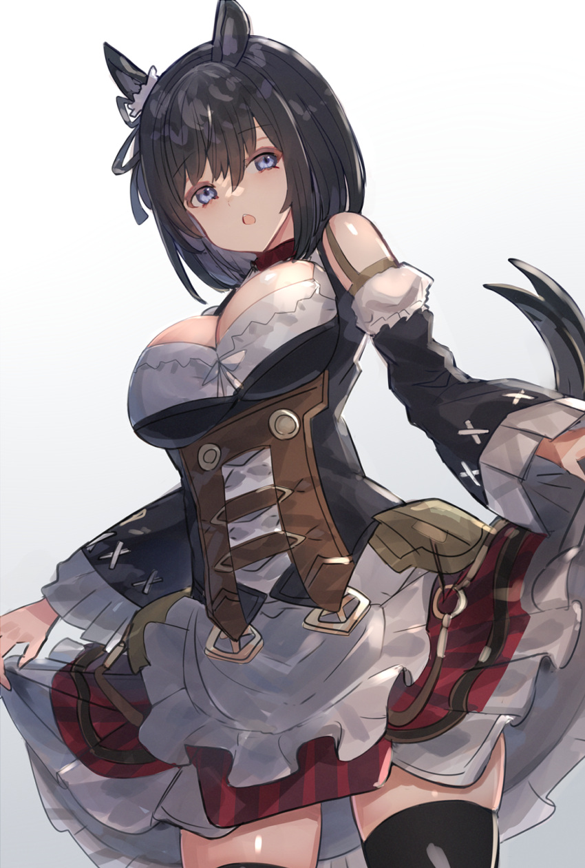 1girl animal_ears bare_shoulders black_hair black_thighhighs blue_eyes breasts chestnut_mouth cleavage clothes_lift commentary_request cowboy_shot detached_sleeves dirndl dress dress_lift ear_ornament eishin_flash_(umamusume) frilled_dress frills german_clothes hair_between_eyes highres horse_ears horse_girl horse_tail large_breasts lifted_by_self long_sleeves looking_at_viewer open_mouth short_hair simple_background solo tail the_olphy thighhighs umamusume white_background