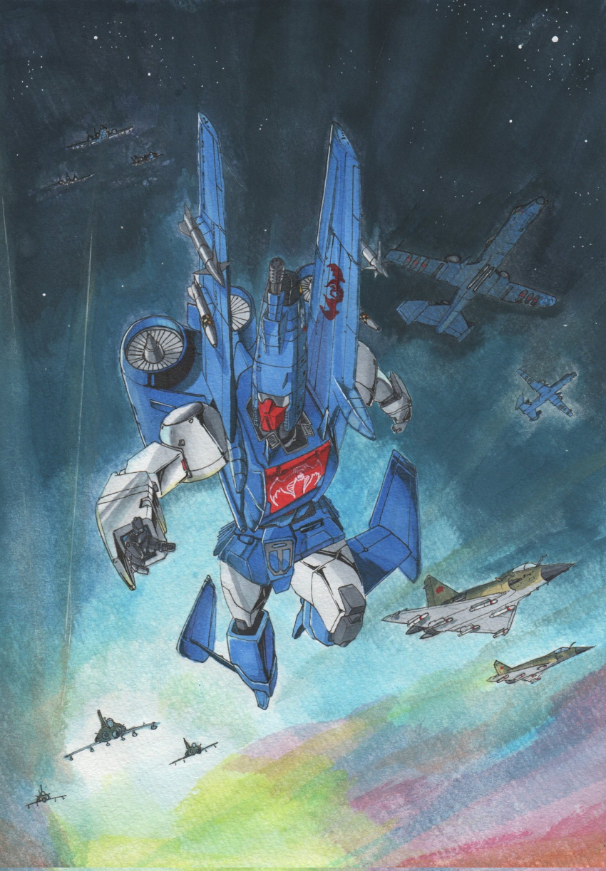 aircraft airplane clenched_hand fighter_jet flying g.i._joe highres jet looking_to_the_side mecha mechanical_bots military military_vehicle missile no_humans open_hand robot science_fiction traditional_media transformers vehicle_request viper_(transformers)