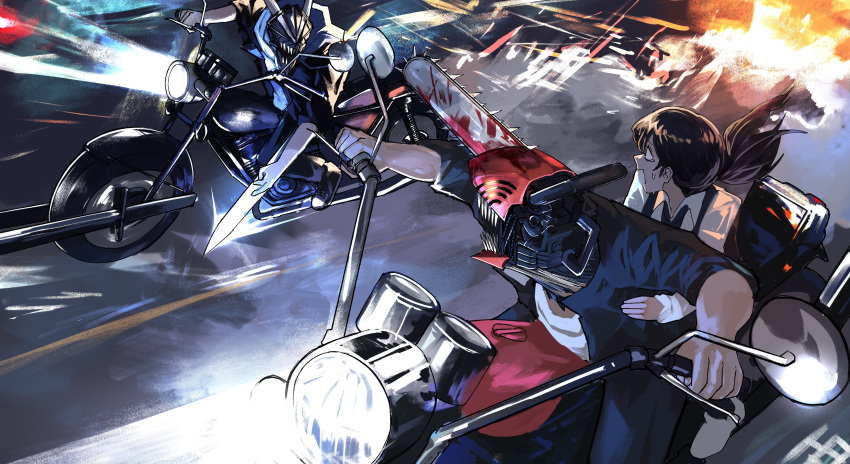 1girl absurdres black_hair black_pants chainsaw chainsaw_man collared_shirt denji_(chainsaw_man) dress driving fourth_east_high_school_uniform headlight heartbreak_juan highres hood hoodie jacket long_hair long_sleeves mitaka_asa motor_vehicle motorcycle multiple_boys multiple_riders on_motorcycle open_mouth pants riding road school_uniform sharp_teeth shirt sleeveless sleeves_rolled_up street sugo_miri teeth twintails uniform white_shirt