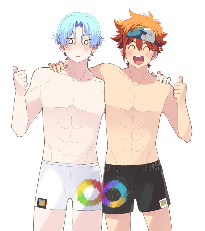 2boys ^_^ black_male_underwear blue_hair closed_eyes closed_mouth hasegawa_langa headband highres kyan_reki male_focus male_underwear multiple_boys non-web_source o_o open_mouth pale_skin short_hair sk8_the_infinity thumbs_up topless_male underwear uppi white_male_underwear