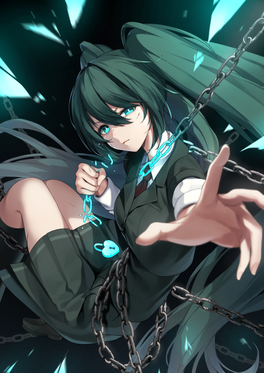 1girl alternate_hair_color aqua_hair black_hair black_skirt broken broken_chain chain closed_mouth expressionless hair_between_eyes hatsune_miku highres kusari_no_shoujo_(vocaloid) lock long_hair long_sleeves looking_at_viewer punipunimeron1 skirt solo very_long_hair vocaloid