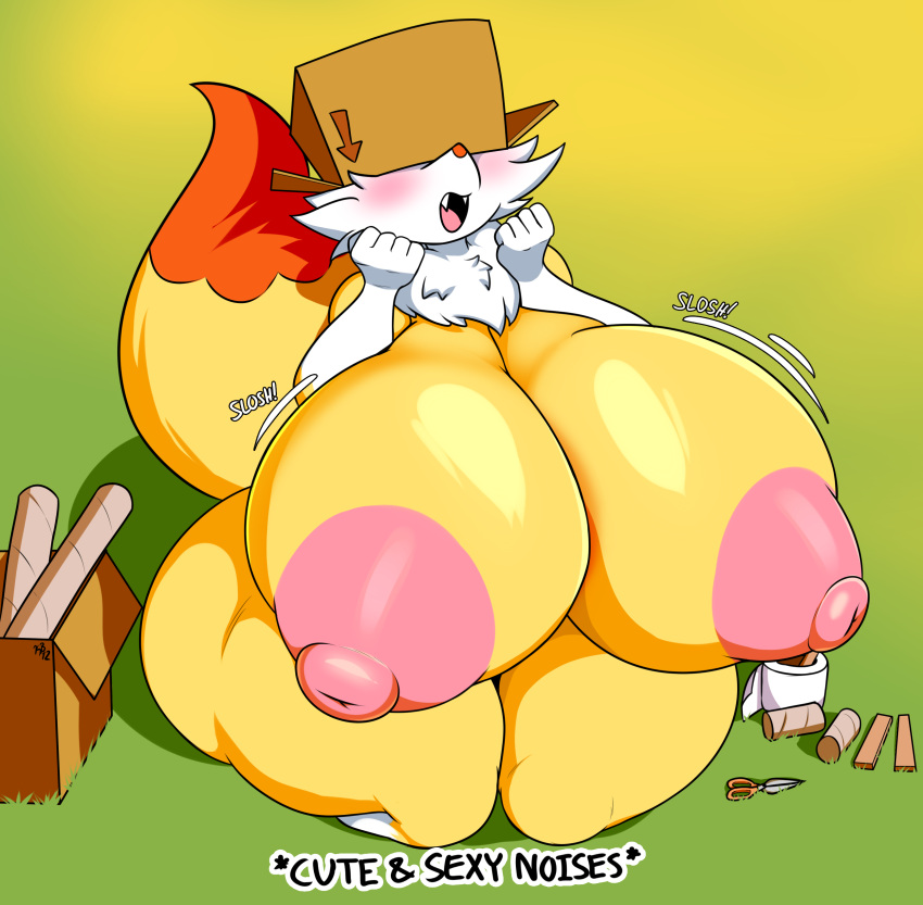 2023 absurd_res anthro big_breasts blush breasts colored female fennekin fur generation_6_pokemon hi_res huge_breasts hyper hyper_breasts kirbot12 kneeling nintendo nipples nude pokemon pokemon_(species) scissors solo thick_thighs yellow_body yellow_fur