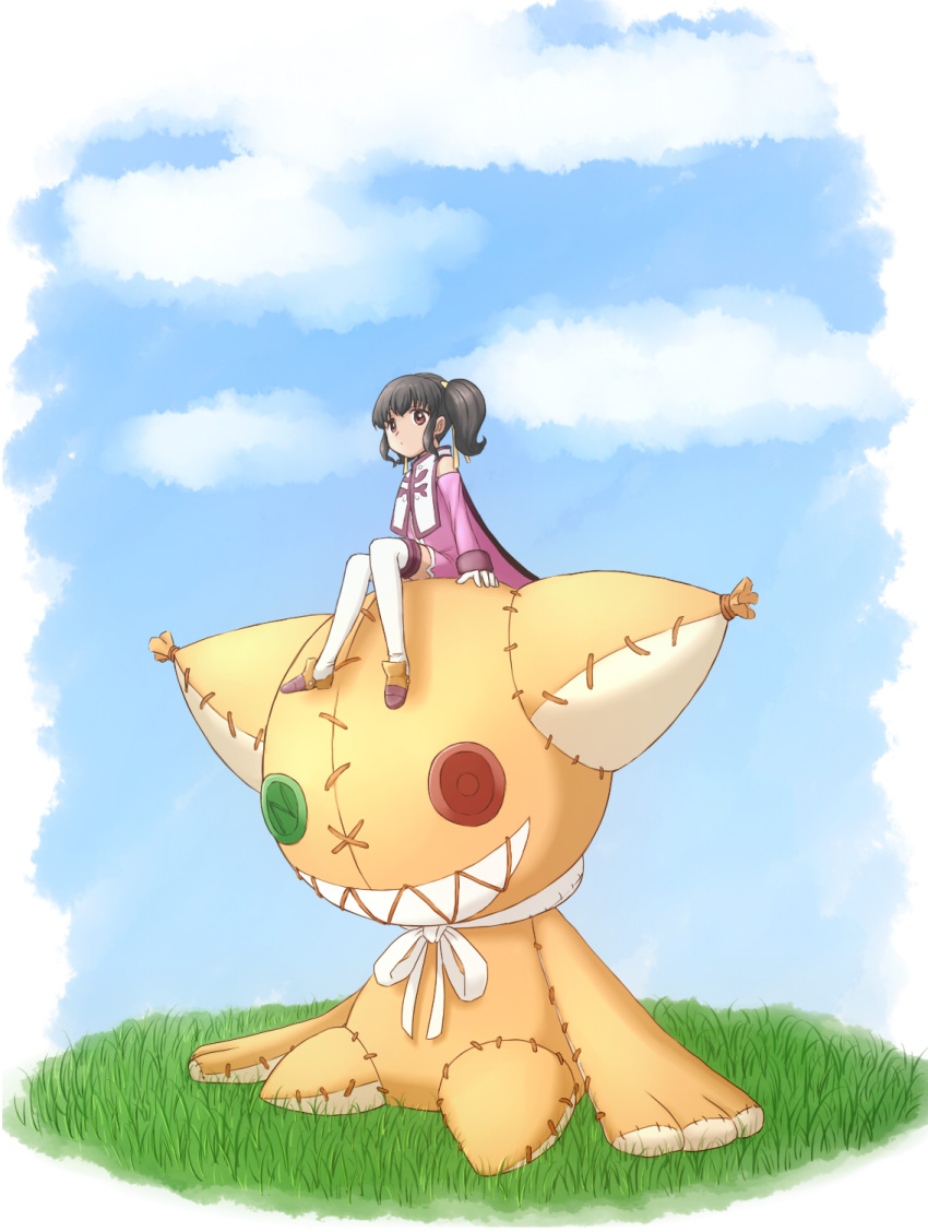 1girl anise_tatlin black_hair blue_sky brown_eyes buttons cape croa310 detached_sleeves dot_mouth hair_ribbon highres long_sleeves on_grass outdoors oversized_object purple_footwear ribbon side_ponytail sitting sky stuffed_animal stuffed_cat stuffed_toy tales_of_(series) tales_of_the_abyss thighhighs tokunaga_(tales) white_ribbon white_thighhighs yellow_ribbon