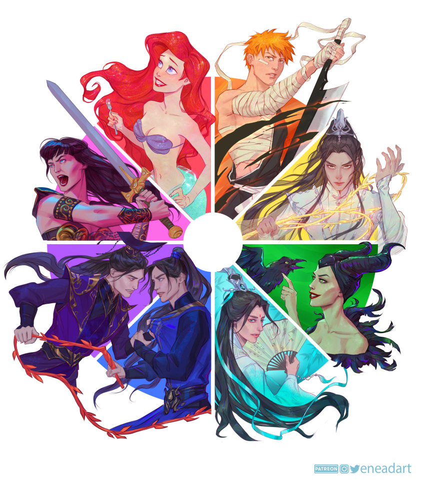 3girls 5boys ariel_(disney) armlet armor armored_dress bandaged_arm bandages bandaid bandaid_on_cheek bandaid_on_face bare_shoulders bird bishounen black_hair bleach blue_eyes blue_robe bracer breasts chest_sarashi chinese_clothes chu_wanning cleavage clone color_coordination color_wheel color_wheel_challenge crossover crow dress eneadart erha_he_tadebai_mao_shizun facial_mark fake_horns folding_fan forehead_mark fork green_eyes grin hand_fan hanfu highres holding holding_fan holding_fork holding_sword holding_weapon horned_headwear horns kurosaki_ichigo lipstick long_hair long_sleeves looking_at_viewer makeup maleficent medium_breasts mermaid mo_ran monster_girl multiple_boys multiple_crossover multiple_girls open_mouth orange_eyes orange_hair over_shoulder parted_lips pauldrons ponytail purple_robe red_hair red_lips ren_zhafan_paijizu_xitong robe sarashi shell shell_bikini shen_qingqiu shinigami short_hair shoulder_armor sleeping_beauty sleeveless sleeveless_dress smile spiked_hair sword sword_over_shoulder the_little_mermaid vambraces weapon weapon_over_shoulder white_robe wide_sleeves witch xena xena:_warrior_princess zangetsu_(shikai)