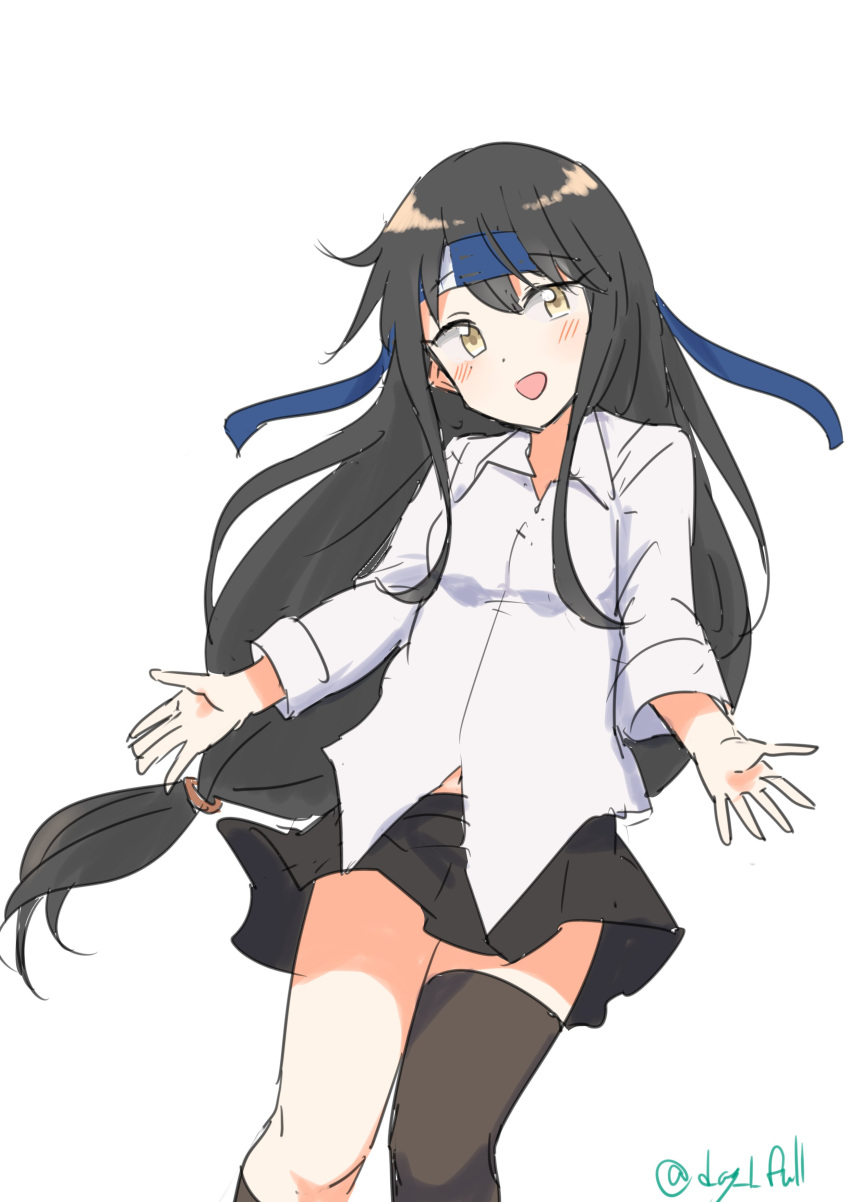 1girl absurdres black_hair black_socks black_thighhighs blue_headband collared_shirt dress_shirt feet_out_of_frame hatsushimo_(kancolle) hatsushimo_kai_ni_(kancolle) headband highres kantai_collection kneehighs long_hair low-tied_long_hair one-hour_drawing_challenge robinson_(day_l_full) shirt simple_background single_kneehigh single_sock single_thighhigh socks solo standing thighhighs white_background white_shirt yellow_eyes