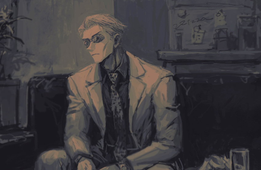 1boy animal_print collared_shirt couch cup drinking_glass goggles greyscale highres jujutsu_kaisen leopard_print long_sleeves male_focus monochrome nanami_kento necktie plant shirt short_hair sitting solo table watch wristwatch zztzza