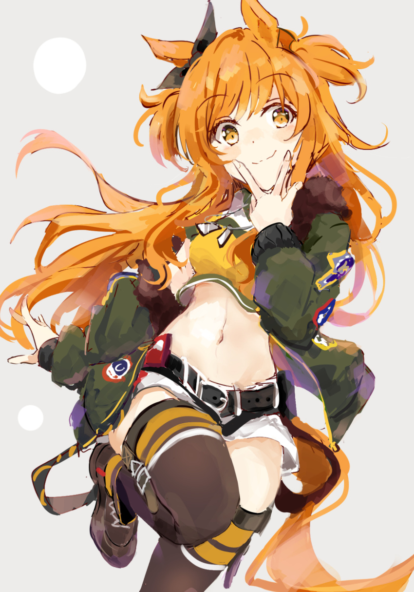 1girl animal_ears belt blush boots breasts brown_thighhighs closed_mouth crop_top dog_tags green_jacket highres horse_ears horse_girl horse_tail jacket long_hair long_sleeves looking_at_viewer mayano_top_gun_(umamusume) midriff navel ninjin_nouka open_clothes open_jacket orange_eyes orange_hair shirt short_shorts shorts small_breasts smile solo standing standing_on_one_leg tail thighhighs two_side_up umamusume v_over_mouth white_shorts