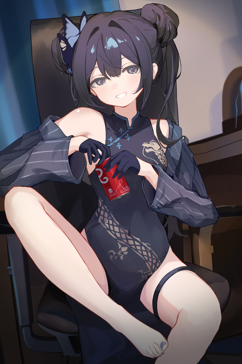 1girl absurdres bare_legs barefoot black_dress black_gloves black_hair blue_archive butterfly_hair_ornament china_dress chinese_clothes coat daqi_sama double_bun dragon_print dress feet gloves grey_eyes hair_bun hair_ornament highres jacket kisaki_(blue_archive) leg_up long_hair looking_at_viewer nail_polish pelvic_curtain print_dress sleeveless sleeveless_dress smile soda striped striped_coat striped_jacket thigh_strap thighs toenail_polish toenails toes twintails vertical-striped_coat vertical-striped_jacket vertical_stripes