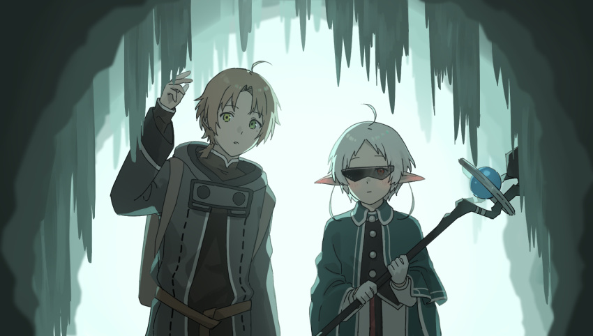 1boy 1girl ahoge cave cave_interior cloak elf eris_kissaten gloves green_cloak green_eyes grey_robe holding holding_staff light_brown_hair mage_staff mole mole_under_eye mushoku_tensei pointy_ears ranoa_magic_academy_school_uniform red_eyes robe rudeus_greyrat school_uniform short_hair staff sunglasses sylphiette_(mushoku_tensei) white_gloves white_hair