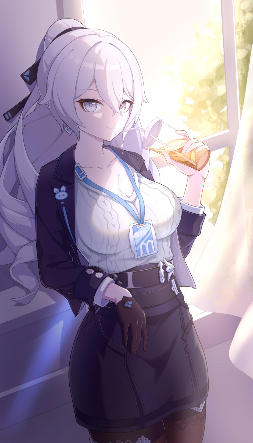 1girl absurdres artist_request black_gloves black_jacket black_skirt breasts bronya_zaychik bronya_zaychik_(silverwing:_n-ex) cleavage closed_mouth cup drill_hair earrings gloves grey_eyes grey_hair hair_between_eyes highres holding holding_cup honkai_(series) honkai_impact_3rd id_card indoors jacket jewelry large_breasts long_hair long_sleeves looking_at_viewer office_lady official_alternate_costume pantyhose ponytail shirt single_glove skirt smile solo sweater twin_drills white_shirt window