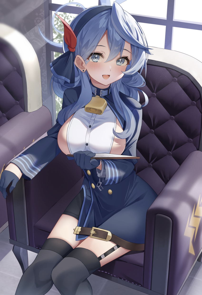 1girl absurdres ako_(blue_archive) armchair bell black_gloves blue_archive blue_eyes blue_hair blurry breasts chair clipboard commentary_request depth_of_field gloves hair_between_eyes hairband half_gloves halo highres holding holding_clipboard indoors large_breasts long_hair long_sleeves looking_at_viewer neck_bell rykysd sideboob sidelocks sitting solo sunlight window