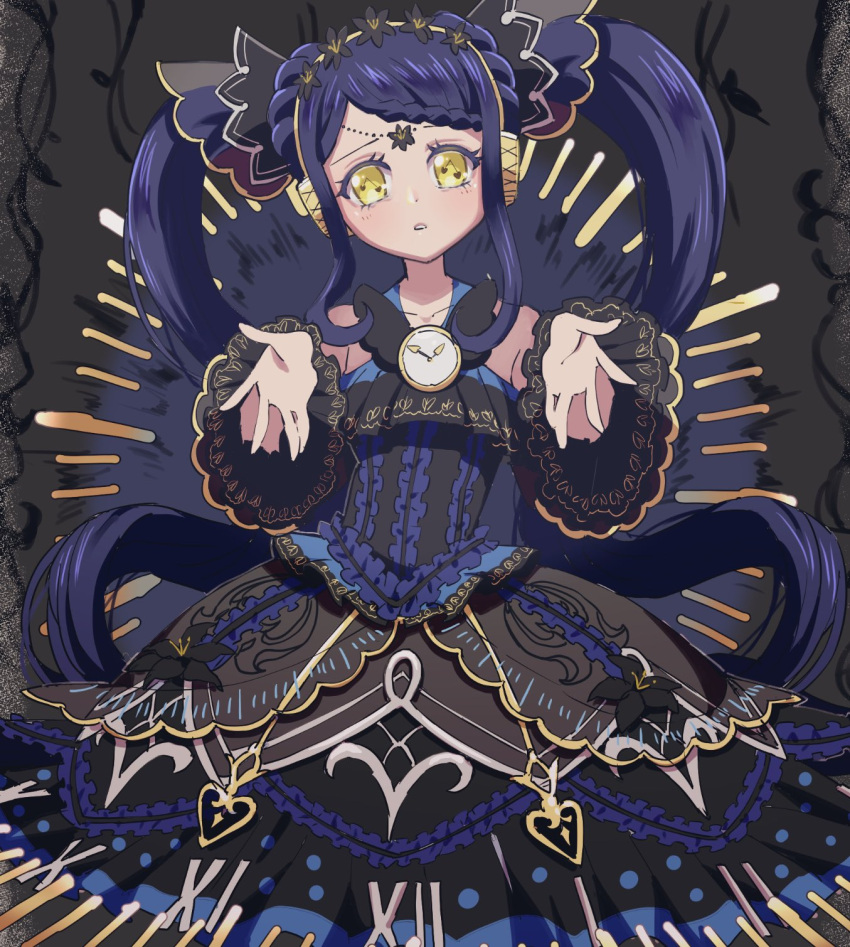 1girl black_background black_dress black_flower blue_hair braid braided_bangs clock commentary_request dress edamame_(buruburu) flower foreshortening frilled_dress frilled_sleeves frills frown garara_s_leep hair_flower hair_ornament head_chain headphones highres idol_time_pripara lolita_fashion long_hair looking_at_viewer open_hands open_mouth pretty_(series) print_dress pripara reaching reaching_towards_viewer sad solo symbol-shaped_pupils tears twintails very_long_hair yellow_eyes