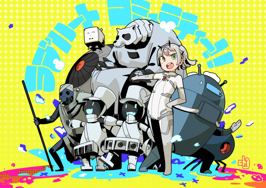 1girl absurdres bear bodysuit commentary_request green_eyes grey_bodysuit grey_hair highres humanoid_robot martin_(punishing:_gray_raven) multiple_others nanami:_starfarer_(punishing:_gray_raven) nanami_(punishing:_gray_raven) non-humanoid_robot open_mouth punishing:_gray_raven robot robot_animal side_ponytail spacesuit teeth tiara translation_request upper_teeth_only watasi_ch3