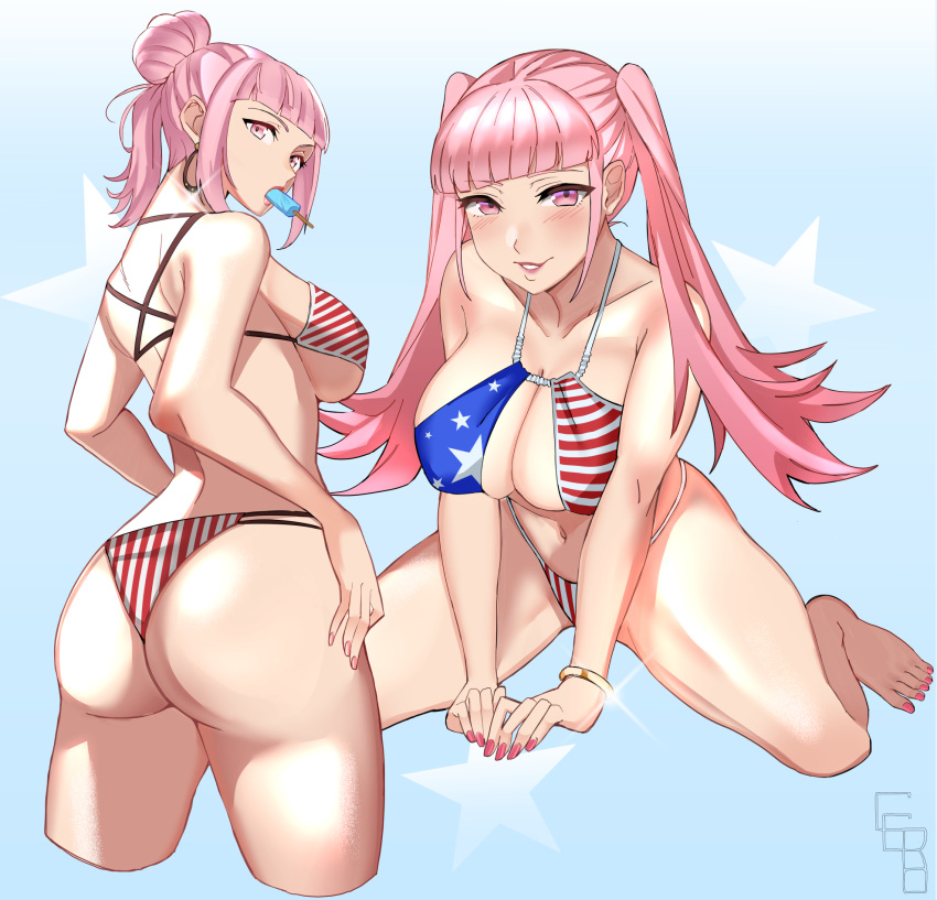 1girl american_flag american_flag_bikini artist_logo ass bikini blush bracelet ceroccb earrings fire_emblem fire_emblem:_three_houses flag_print food food_in_mouth from_behind highres hilda_valentine_goneril jewelry looking_at_viewer pink_eyes pink_hair pink_nails popsicle popsicle_in_mouth print_bikini smile solo star_(symbol) swimsuit