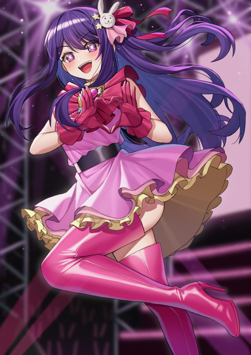 1girl absurdres ass_peek blurry blurry_background blush boots dress gloves hair_ornament heart heart_hands high_heel_boots high_heels highres hoshino_ai_(oshi_no_ko) idol long_hair nanni_jjang open_mouth oshi_no_ko pink_dress pink_footwear pink_gloves purple_eyes purple_hair rabbit_hair_ornament smile solo stage stage_lights star-shaped_pupils star_(symbol) star_hair_ornament star_in_eye sweat symbol-shaped_pupils symbol_in_eye thigh_boots