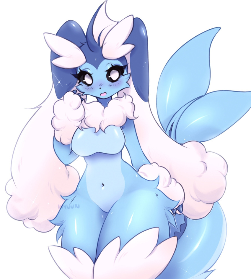 anthro arm_tuft artist_name black_eyes black_sclera blue_body blush breasts countershade_torso countershading digital_media_(artwork) eeveelution eyelashes featureless_breasts featureless_crotch female fin fish_tail fluffy_ears front_view generation_1_pokemon generation_4_pokemon glistening glistening_body glistening_ears glistening_eyes head_fin hi_res hip_tuft hybrid ivyuun long_ears looking_at_viewer lopunny navel neck_tuft nintendo pokemon pokemon_(species) portrait pupils raised_hand simple_background solo standing three-quarter_portrait tuft vaporeon white_background white_pupils wide_hips