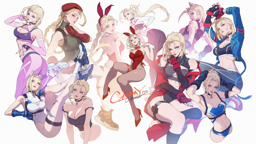 1girl animal_ears beret blonde_hair bodypaint boots braid breasts cammy_white camouflage cat_ears citemer cleavage combat_boots garrison_cap gloves green_leotard hat high_heels highleg highres jacket large_breasts leotard long_hair looking_at_viewer midriff multiple_views navel off_shoulder open_clothes open_jacket playboy_bunny rabbit_ears red_leotard ribbed_leotard scar scar_on_cheek scar_on_face simple_background street_fighter thong_leotard twin_braids white_background