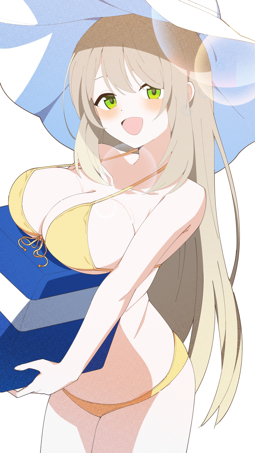 1girl absurdres asagisui bikini blue_archive blush breasts cleavage commentary_request cowboy_shot front-tie_bikini_top front-tie_top green_eyes halterneck hat highres holding large_breasts lens_flare light_brown_hair long_hair looking_at_viewer nonomi_(blue_archive) nonomi_(swimsuit)_(blue_archive) official_alternate_costume open_mouth simple_background smile solo standing sun_hat swimsuit white_background white_headwear yellow_bikini
