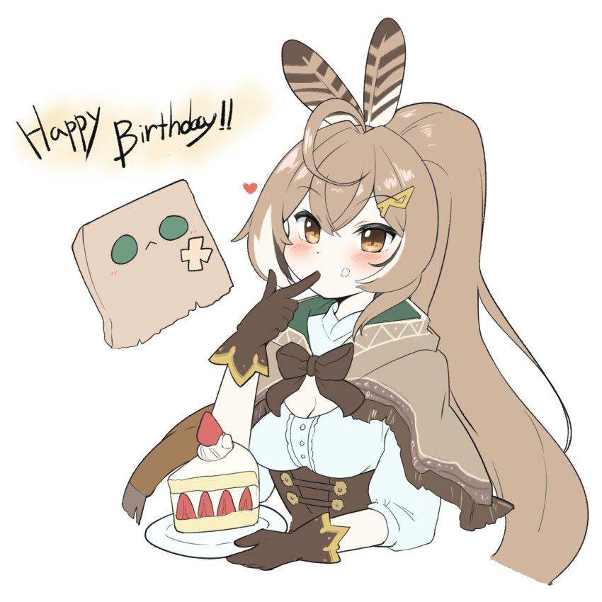 1girl ahoge brown_capelet brown_cloak brown_corset brown_eyes brown_hair cake cake_slice cape capelet cleavage_cutout cloak clothing_cutout corset crossed_bangs english_text feathers finger_in_own_mouth food food_on_face friend_(nanashi_mumei) gloves hair_ornament hairclip happy_birthday heart highres hololive hololive_english looking_at_viewer multicolored_hair nanashi_mumei nanashi_mumei_(1st_costume) ribbon runes shirt snowmya streaked_hair virtual_youtuber white_shirt