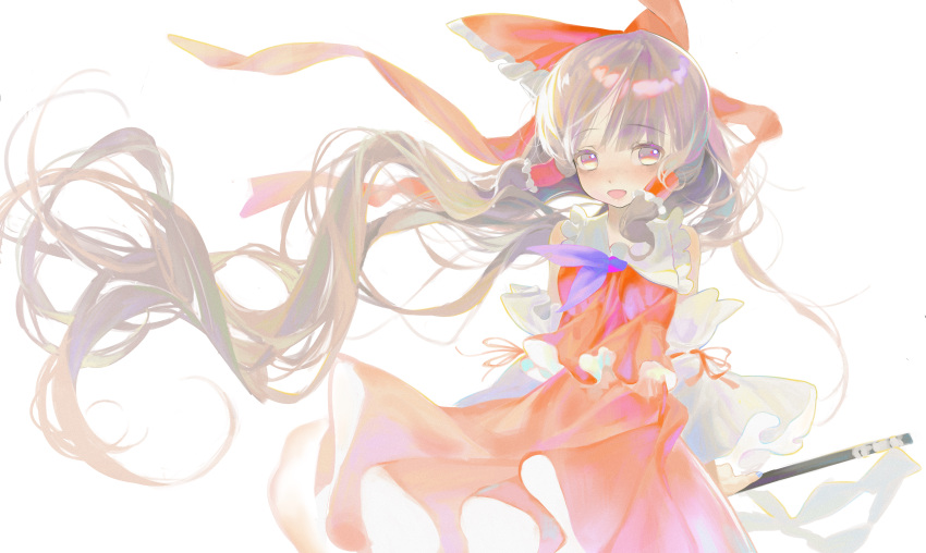 1girl absurdres bare_shoulders bow brown_eyes brown_hair detached_sleeves gohei hair_bow hakurei_reimu highres japanese_clothes long_hair nontraditional_miko open_mouth red_bow red_skirt ribbon-trimmed_sleeves ribbon_trim simple_background skirt smile solo touhou white_background white_sleeves wide_sleeves xinjinjumin