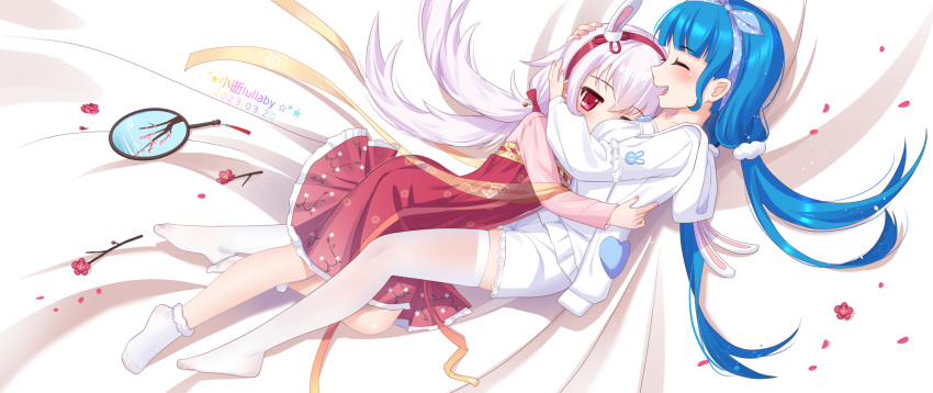 2girls animal_ears azur_lane blue_bow blue_hair blush bow breasts chinese_clothes chinese_commentary closed_eyes commentary_request dress fake_animal_ears feet floral_print frilled_shirt frilled_shorts frills full_body hair_bow hair_ornament hair_scrunchie hairband hand_fan hanfu highres hug laffey_(azur_lane) laffey_(white_rabbit_welcomes_the_spring)_(azur_lane) low_twintails lying medium_breasts multiple_girls nail_polish official_alternate_costume on_side open_mouth original paper_fan pink_nails polka_dot polka_dot_bow profile purple_hair rabbit_ears red_dress red_eyes red_hairband scrunchie shirt shorts smile socks thighhighs toes twintails white_shirt white_shorts white_socks white_thighhighs xiao_shi_lullaby yuri