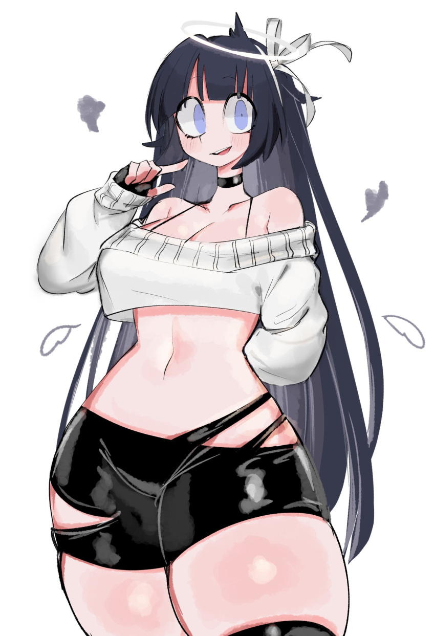 1girl azazel_(helltaker) bare_shoulders black_choker black_gloves black_hair black_shorts black_thighhighs blue_eyes blush breasts choker cleavage cowboy_shot crop_top fingerless_gloves gloves hair_ribbon halo helltaker highres long_hair looking_at_viewer midriff navel off_shoulder open_mouth ribbon shorts simple_background smile solo thick_thighs thighhighs thighs usa37107692 white_background white_ribbon