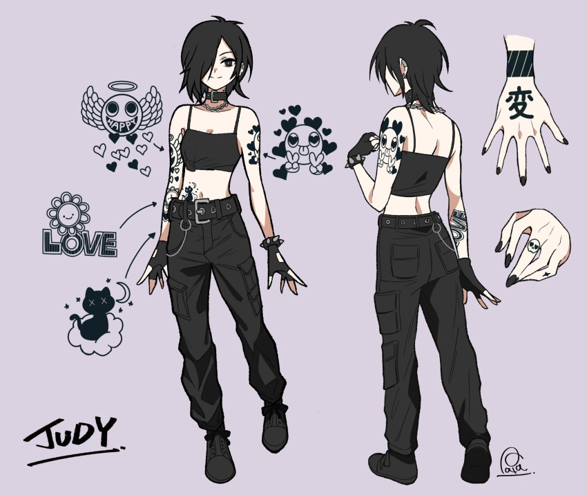 1girl arm_tattoo back belt belt_buckle black_eyes black_hair black_nails bracelet breasts buckle cargo_pants character_name collar english_text fingerless_gloves full_body gloves grey_background hair_over_one_eye hand_tattoo heart highres jewelry judy_(sushi_pizza_rrr) looking_at_viewer midriff multiple_views navel necklace original pants reference_sheet short_hair simple_background small_breasts smile spiked_bracelet spikes standing sushi_pizza_rrr tattoo