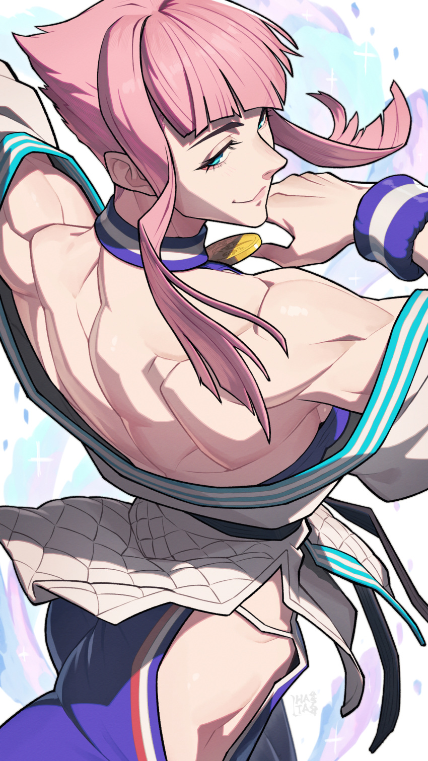 1girl bare_shoulders blue_eyes dougi hata4564 highres hime_cut hip_vent looking_back manon_(street_fighter) martial_arts_belt muscular muscular_female off_shoulder panty_straps pink_hair sidelocks solo street_fighter street_fighter_6 toned wristband