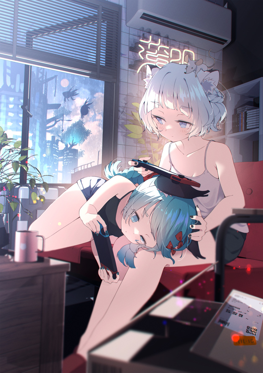 2girls absurdres air_conditioner animal_ear_fluff animal_ears blue_eyes blue_hair blunt_bangs blush book bow box braid breasts camisole cardboard_box cat_ears cat_girl character_request check_copyright cleavage commentary_request copyright_request couch cup desk facing_viewer hair_bow hand_on_another's_head handheld_game_console highres hoji_(hooooooooji1029) holding holding_handheld_game_console indoors long_hair lying_on_lap mouse mug multiple_girls neon_lights nintendo_switch playing_games ponytail red_bow short_hair shorts sidelocks sinsekai_studio sitting small_breasts valis_(sinsekai) white_hair window