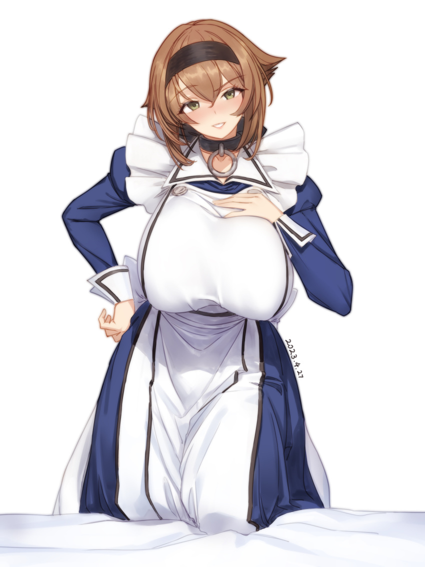 1girl absurdres apron black_hairband blue_dress breasts brown_hair cosplay dress flipped_hair green_eyes hairband hand_on_own_chest hand_on_own_hip highres huge_breasts isekai_meikyuu_de_harem_wo juliet_sleeves kantai_collection long_sleeves looking_at_viewer maid_apron mutsu_(kancolle) o-ring_collar puffy_sleeves qingmingtongzi roxanne_(isekai_meikyuu_de_harem_wo) roxanne_(isekai_meikyuu_de_harem_wo)_(cosplay) short_hair solo white_apron