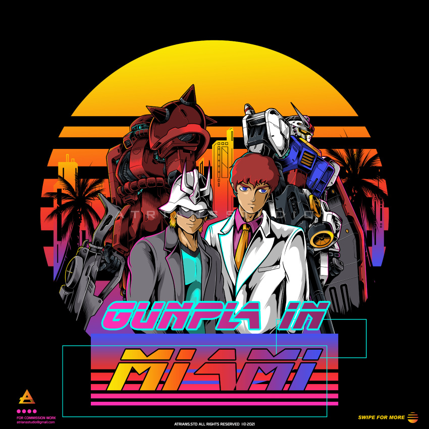 1980s_(style) 2021 2boys absurdres amuro_ray atriansstudio beam_rifle char_aznable dated energy_gun english_commentary english_text gundam gunpla helmet highres logo mask mecha miami_vice mobile_suit mobile_suit_gundam model_kit multiple_boys necktie palm_tree parody retro_artstyle robot rx-78-2 science_fiction shield shoulder_spikes signature spikes style_parody suit title tree weapon zaku_ii_s_char_custom