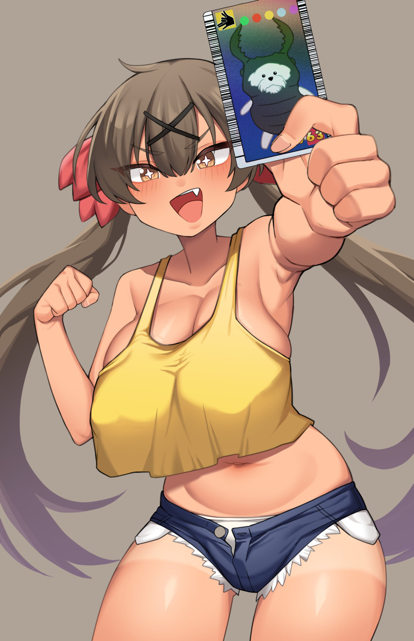 +_+ 1girl absurdres armpits awan_raccoon breasts camisole cleavage copyright_request denim denim_shorts fang hair_ornament highres huge_breasts light_brown_hair micro_shorts open_mouth shorts smile tan trading_card twintails x_hair_ornament yellow_camisole