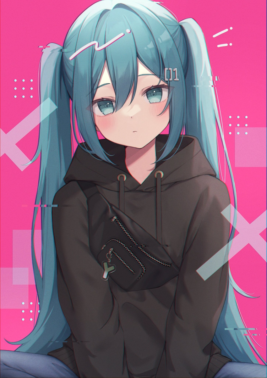 1girl amai_melo black_hoodie blue_eyes blue_hair blue_pants blush commentary fanny_pack hatsune_miku highres hood hoodie long_hair looking_at_viewer number_hair_ornament pants solo twintails vocaloid