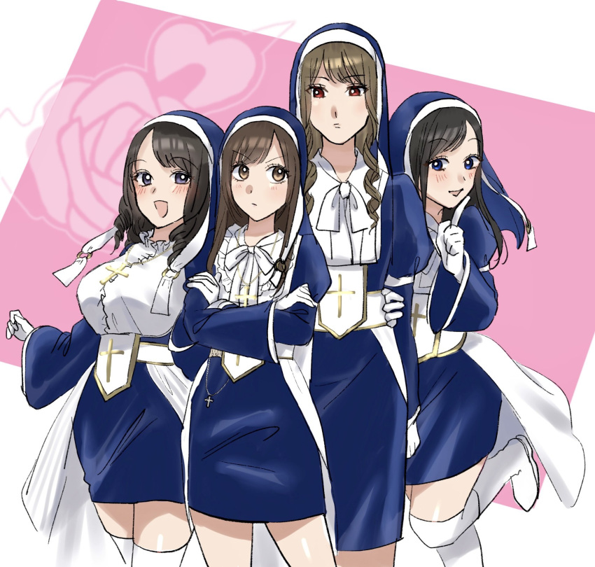 4girls :d arm_at_side assault_lily belt black_hair blue_dress blue_eyes blush boots breasts brown_eyes brown_hair closed_mouth commentary_request cowboy_shot cross cross_necklace crossed_arms dress drill_hair emblem finger_to_own_chin frilled_shirt_collar frills gloves habit hand_on_another's_arm height_difference highres izumi_rosa_rina jewelry knee_boots kosaka_anastasia_ryouko large_breasts latin_cross leg_up long_hair looking_at_viewer makabe_melania_sayoko multiple_girls neck_ribbon necklace nun open_mouth parted_lips pink_background purple_eyes red_eyes ribbon shakeza side-by-side side_drill smile standing standing_on_one_leg swept_bangs thighhighs thighhighs_under_boots toride_suzanne_reika twin_drills two-tone_background v-shaped_eyebrows veil waist_cape white_background white_belt white_gloves white_ribbon white_thighhighs