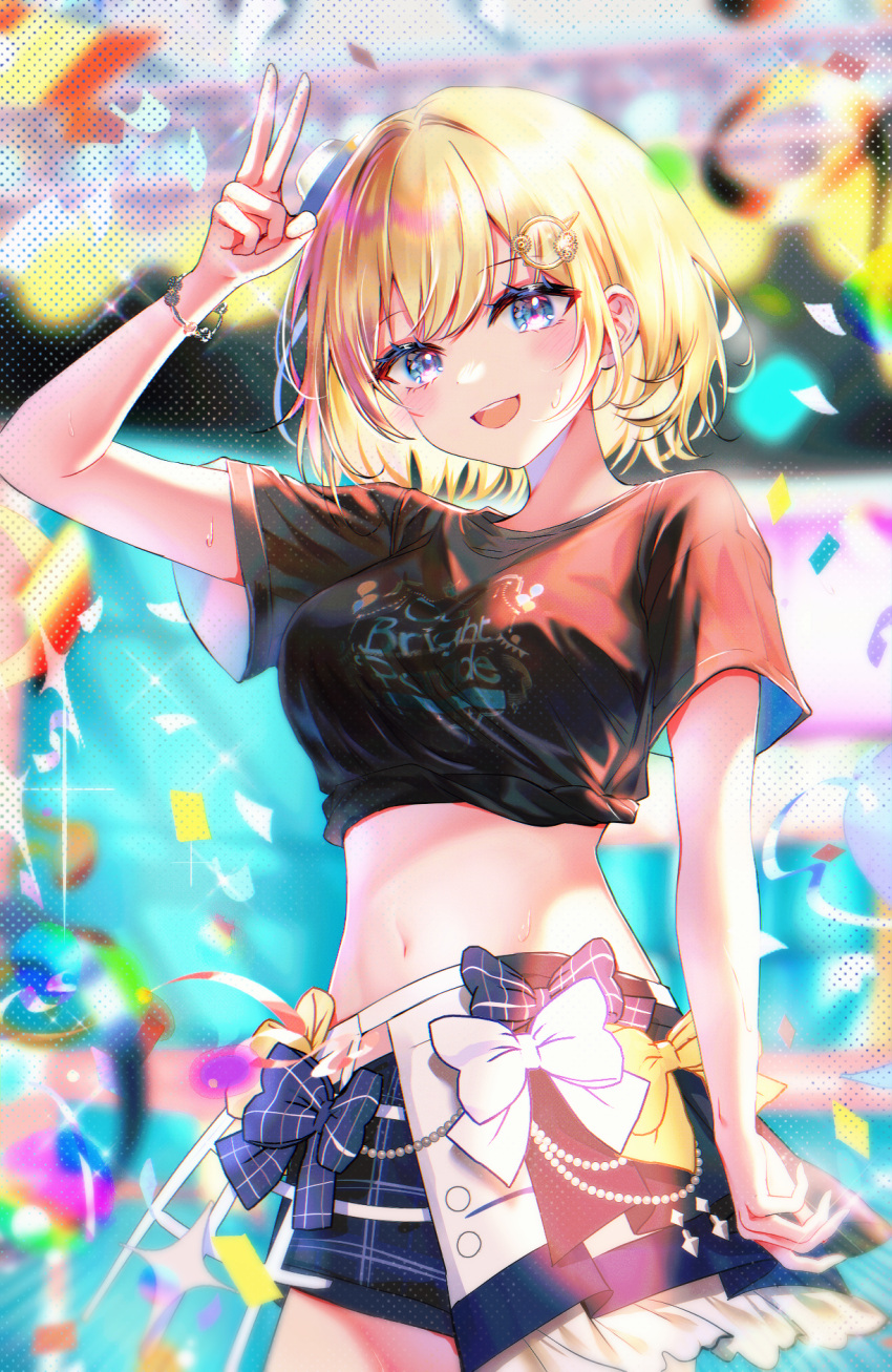 1girl :d black_shirt blonde_hair blue_eyes bracelet confetti hair_ornament half-skirt highres hololive hololive_english idol jewelry looking_at_viewer midriff monocle_hair_ornament navel open_mouth shirt short_hair shorts smile solo sowon sweat tied_shirt v virtual_youtuber watson_amelia