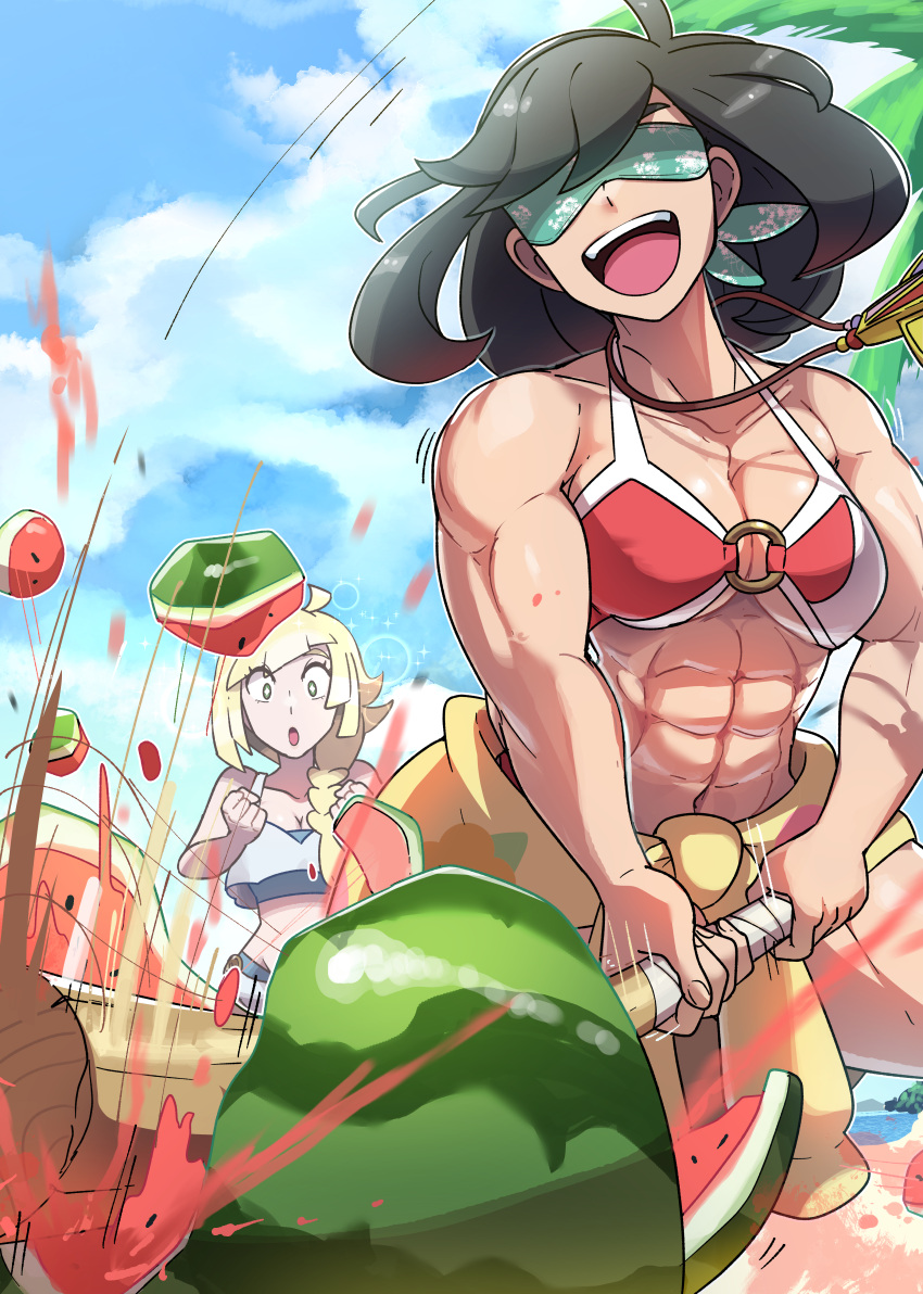 2girls :d :o abs absurdres aged_up beach bikini black_hair blindfold breasts cleavage clothes_around_waist day food fruit highres jacket jacket_around_waist jewelry juno_son lillie_(pokemon) medium_breasts multiple_girls muscular muscular_female o-ring o-ring_bikini o-ring_top outdoors pendant pokemon pokemon_(game) pokemon_sm red_bikini selene_(pokemon) smile suikawari swimsuit watermelon white_bikini