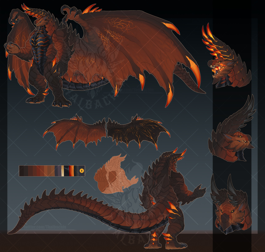 2023 anthro black_background black_body black_border blackchaos666 border capcom digitigrade dragon hi_res horn jaw male membrane_(anatomy) membranous_wings model_sheet monster_hunter plated_scales rear_view red_body scales simple_background snout solo spines watermark wings