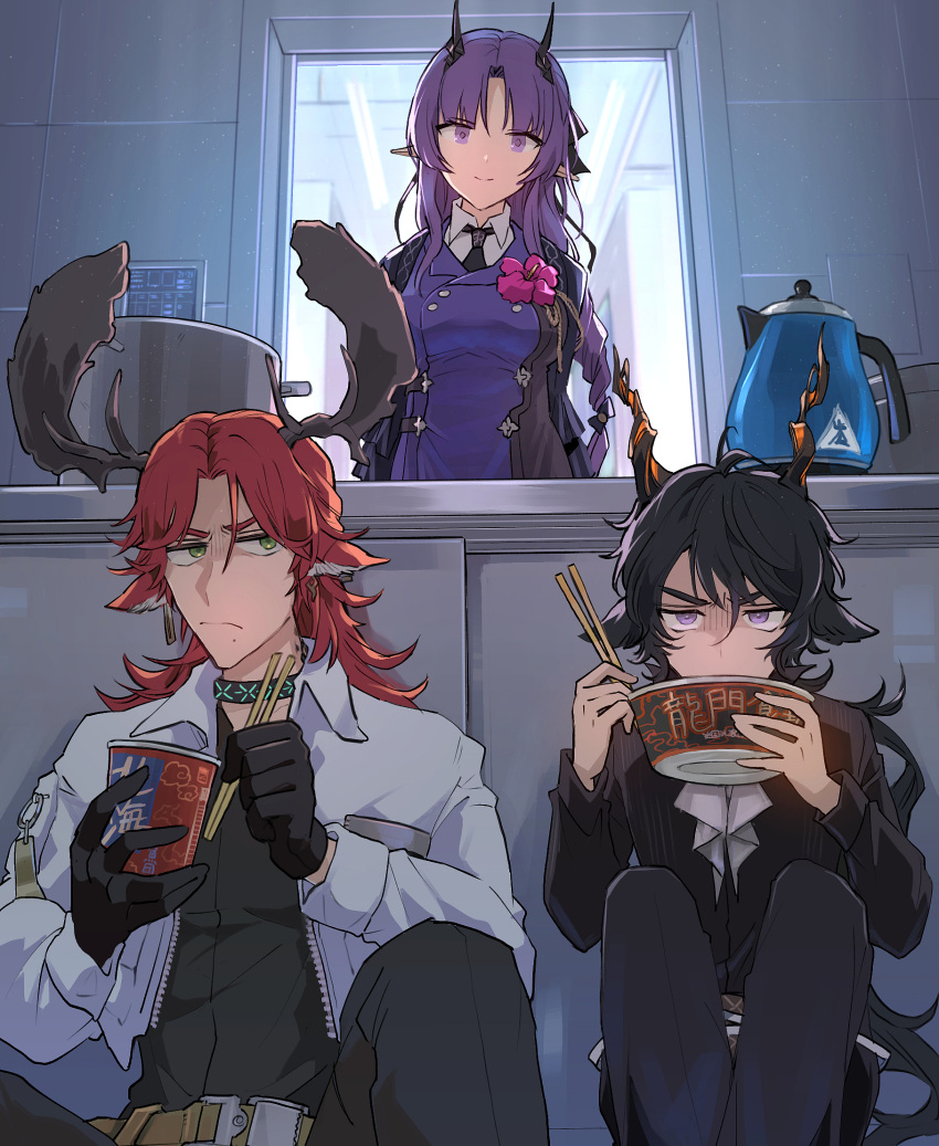 1girl 2boys animal_ears antlers arknights black_hair black_jacket black_necktie black_pants chopsticks cup_ramen czerny_(arknights) deer_antlers deer_boy deer_ears ebenholz_(arknights) goat_boy goat_ears goat_horns hibiscus_(arknights) hibiscus_the_purifier_(arknights) highres holding holding_chopsticks horns indoors infection_monitor_(arknights) jacket kettle long_hair long_sleeves multiple_boys necktie noshima pants pointy_ears purple_eyes purple_hair red_hair sitting smile white_jacket