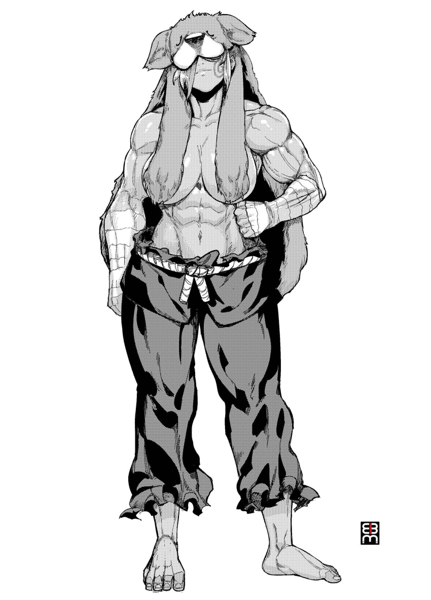 1girl abs animal_helmet barefoot breasts clenched_hand covered_eyes covered_nipples ericmartindood facepaint greyscale hand_on_own_hip hand_wraps highres large_breasts monochrome muscular muscular_female original rope_belt smile solo white_background