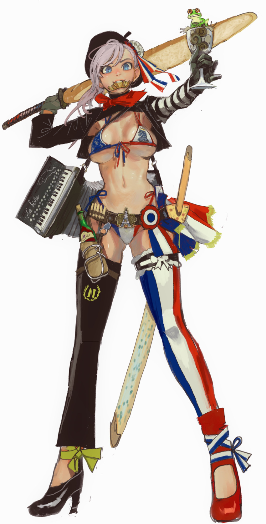 1girl absurdres accordion alternate_costume asymmetrical_footwear asymmetrical_legwear asymmetrical_sleeves baguette beret bikini black_footwear black_gloves black_headwear black_jacket black_thighhighs blue_cheese blue_eyes blue_thighhighs bottle bread breasts croissant cropped_jacket cup drinking_glass fate/grand_order fate_(series) flag_print fleur-de-lis food french_flag frog full_body gloves hat high_heels highleg highleg_bikini highres holding holding_cup holding_instrument holding_weapon holster instrument jacket katana large_breasts looking_at_viewer mismatched_footwear mismatched_legwear mismatched_sleeves miyamoto_musashi_(fate) mossacannibalis navel red_footwear red_scarf red_thighhighs scarf side-tie_bikini_bottom simple_background snail solo standing straight-on striped striped_sleeves swimsuit sword thighhighs vertical_stripes weapon white_background white_thighhighs wine_bottle wine_glass