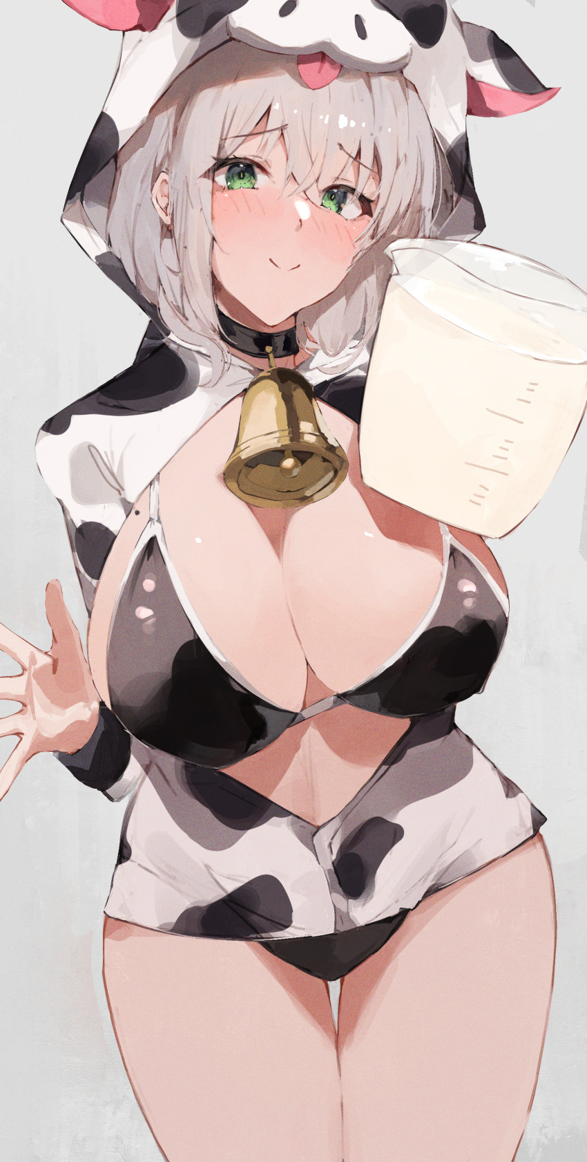 1girl absurdres animal_hood animal_print bell bikini black_bikini blush breasts choker closed_mouth cow_hood cow_print cowbell cowboy_shot cup green_eyes grey_hair highres holding holding_cup hololive hood hood_up hoodie large_breasts looking_at_viewer milk neck_bell pitcher_(container) shirogane_noel smile solo swimsuit thighs virgo76612871 virtual_youtuber